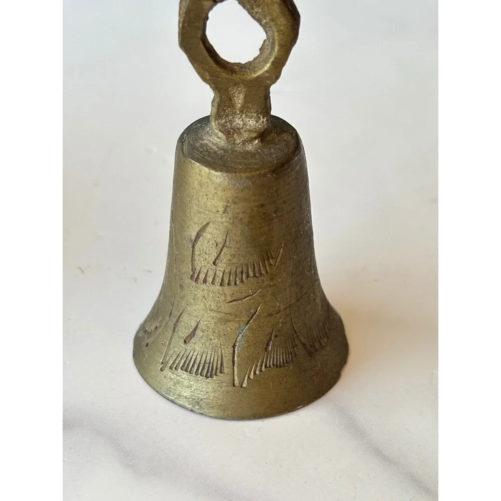 Vintage Etched Brass Hand Bell Small Decorative Metal Bell